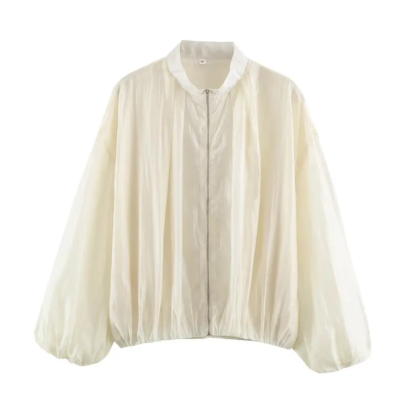 Damen Leichte semitransparente Blousonjacke mit Ballonärmeln und Metallreißverschluss Drune