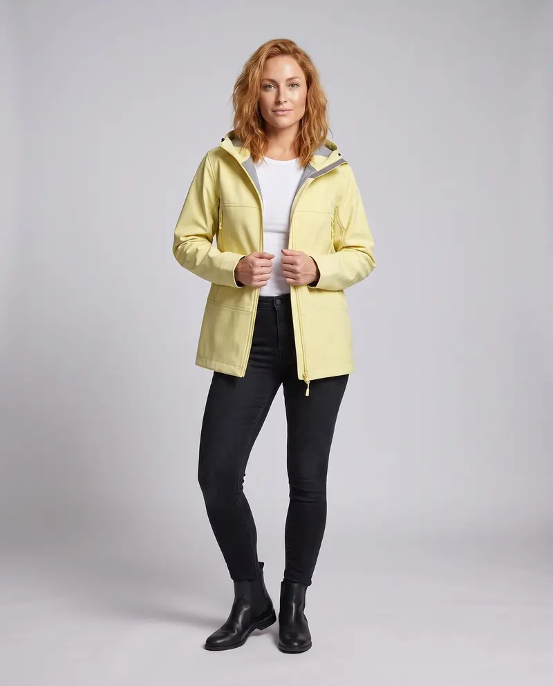 Damen leichte Softshell-Regenjacke mit verstellbarer Kapuze und Reißverschlusstaschen