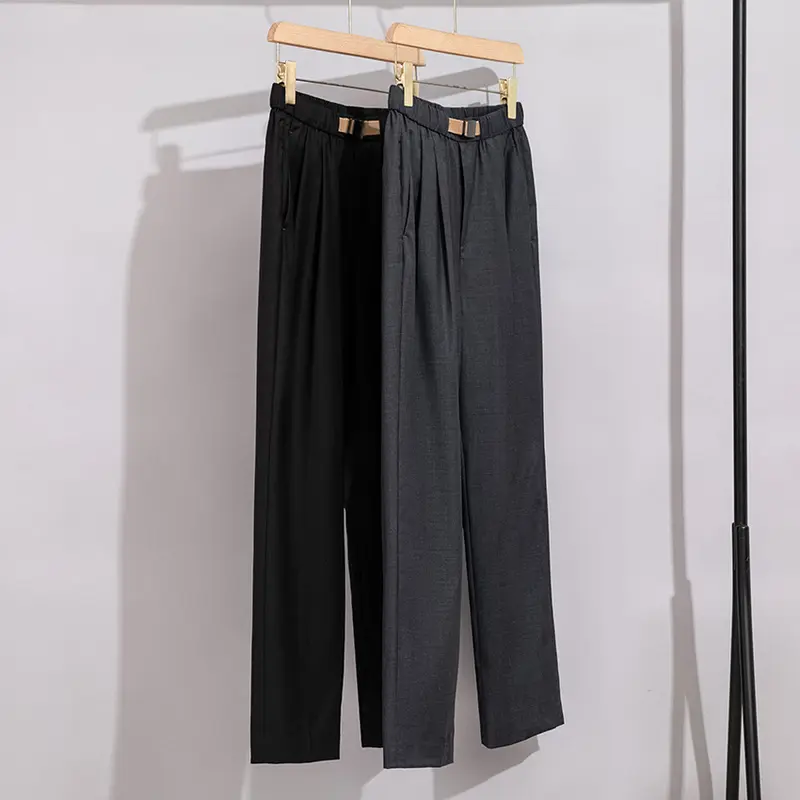 Damen Leichte Stoffhose mit elastischem Bund, Bundfalten und geradem Bein Drune