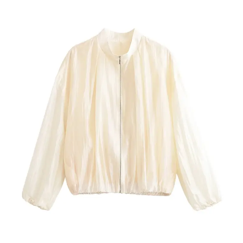 Damen Leichte transparente Cropped Bomberjacke aus seidig glänzendem Material mit Reißverschluss Drune