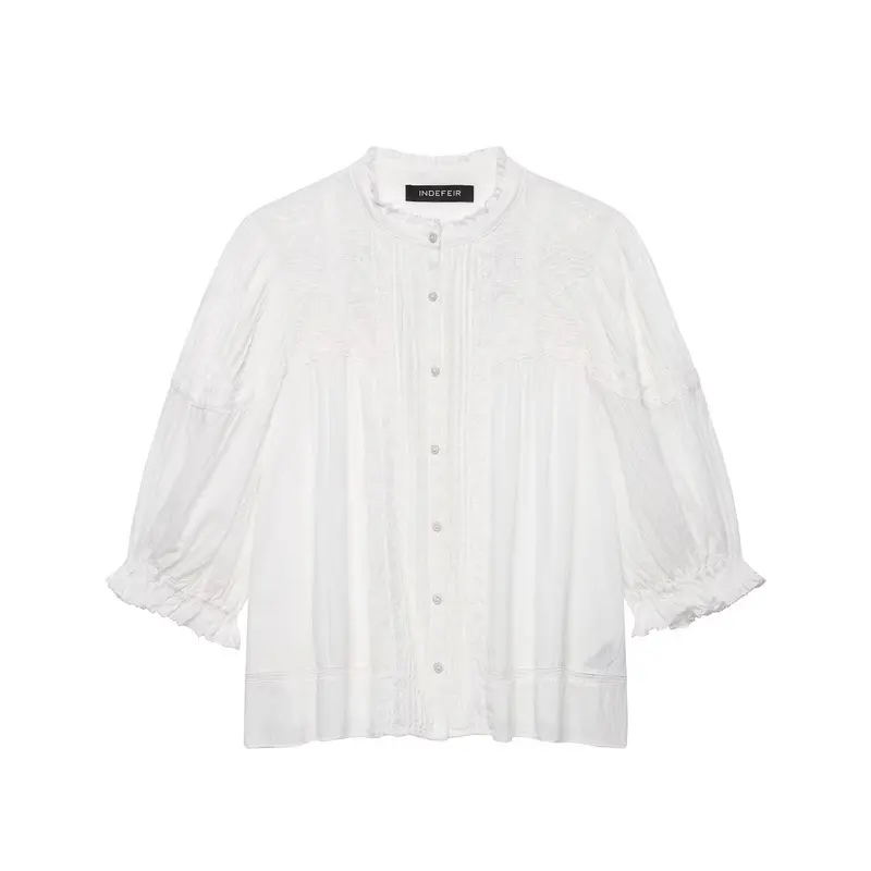 Damen Leichte Tunika‑Bluse mit Stehkragen, Plissee- und Spitzenbesatz Drune