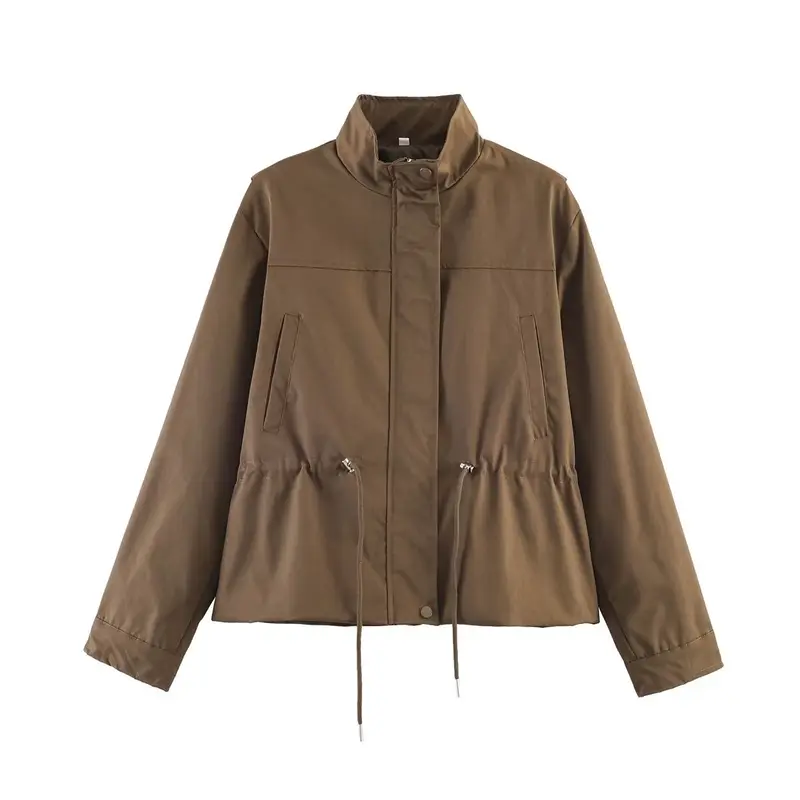 Damen Leichte Windbreaker-Übergangsjacke mit Tunnelzugtaillierung und Stehkragen Drune