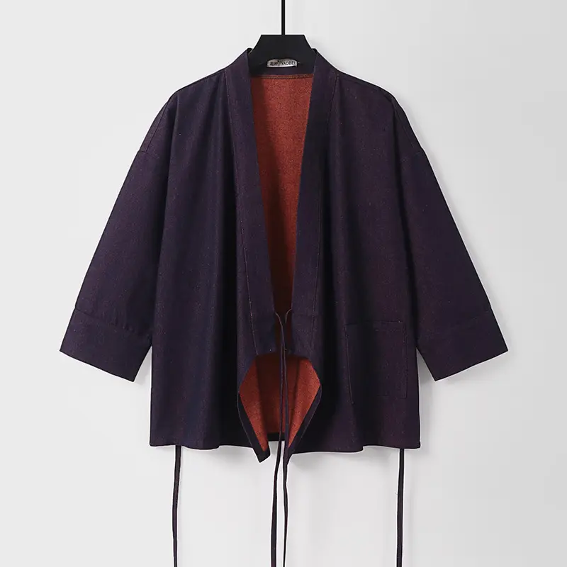 Damen Leichte zweifarbige Kimono-Jacke mit Bindebändern und kontrastiertem Innenfutter Drune