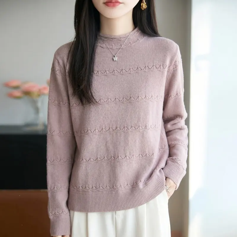 Damen Leichter Ajourstrick-Pullover mit kurzem Stehkragen und feinem Rippsaum Drune