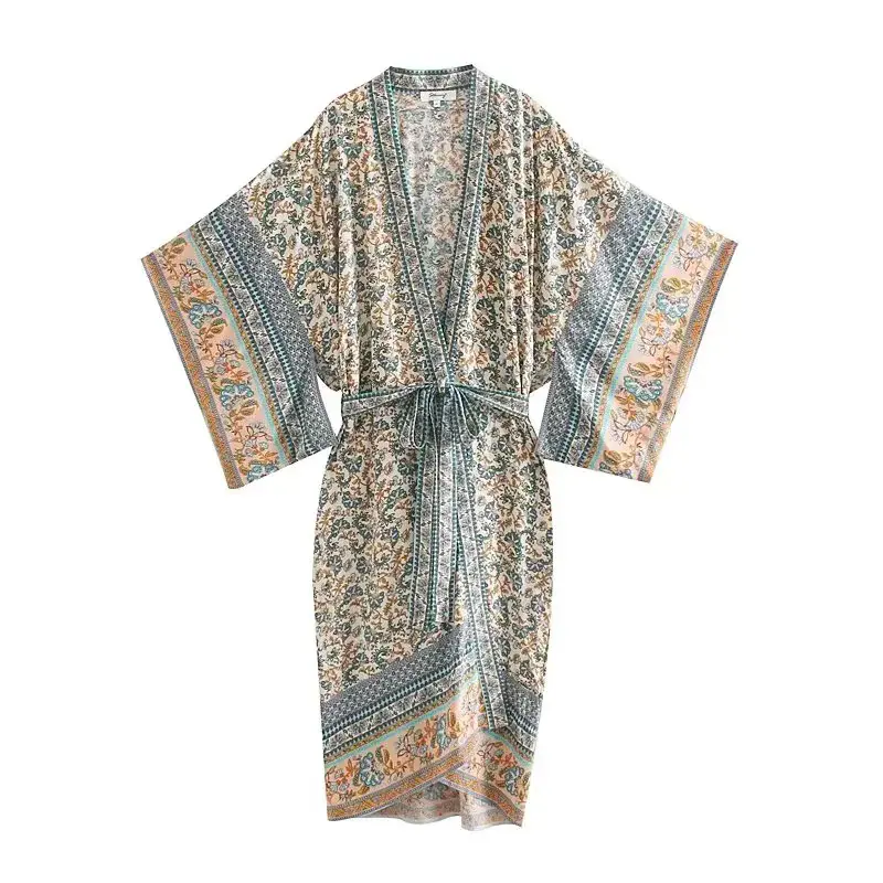 Damen Leichter Boho-Kimono-Bademantel mit Gürtel und floralem Allover-Print Drune