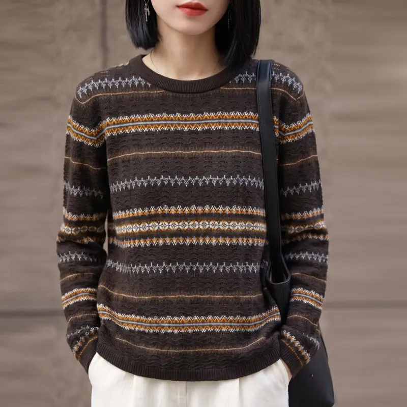 Damen Leichter Fair‑Isle Feinstrickpullover mit Rundhalsausschnitt und feiner Streifenstruktur Drune