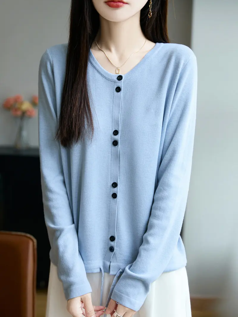 Damen Leichter Feinstrick-Knopfleisten-Cardigan mit Rundhalsausschnitt Drune