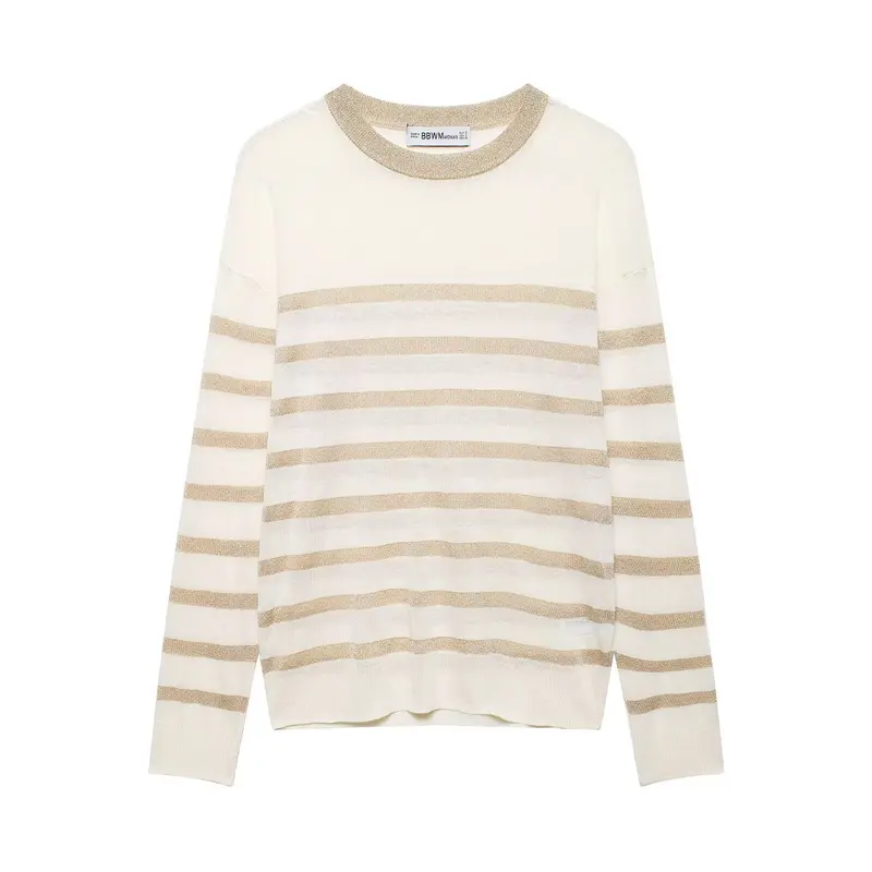 Damen Leichter gestreifter Feinstrickpullover mit Metallic‑Streifen und Rundhalsausschnitt Drune