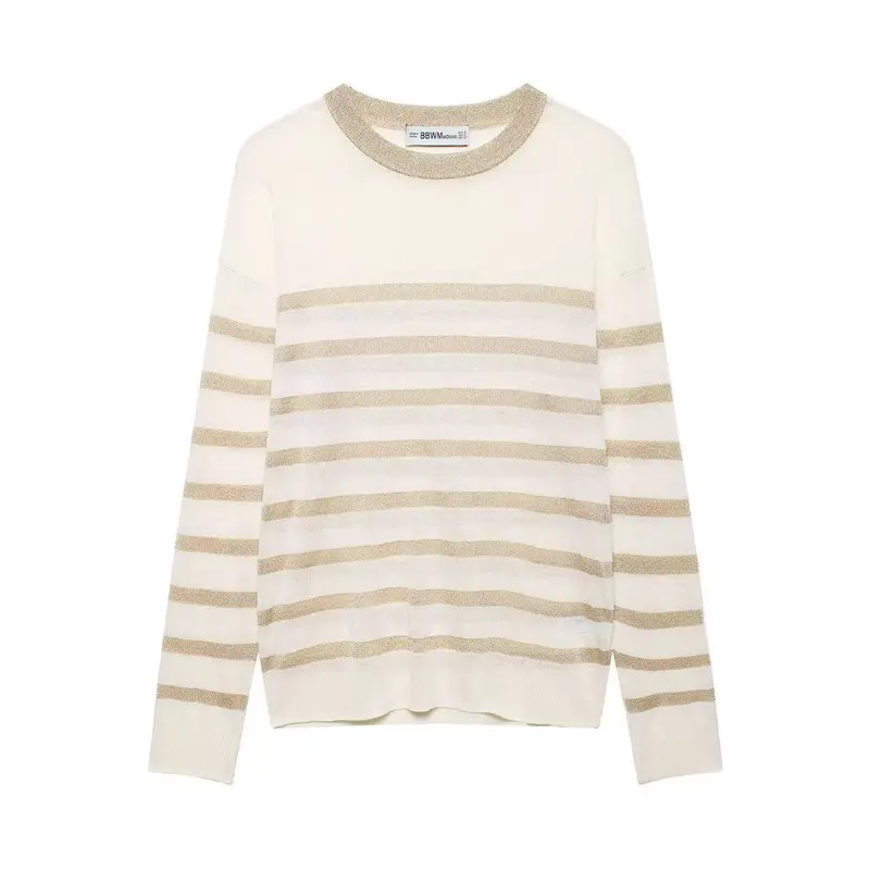 Damen Leichter gestreifter Feinstrickpullover mit metallischem Lurex‑Streifen und Rundhals Drune