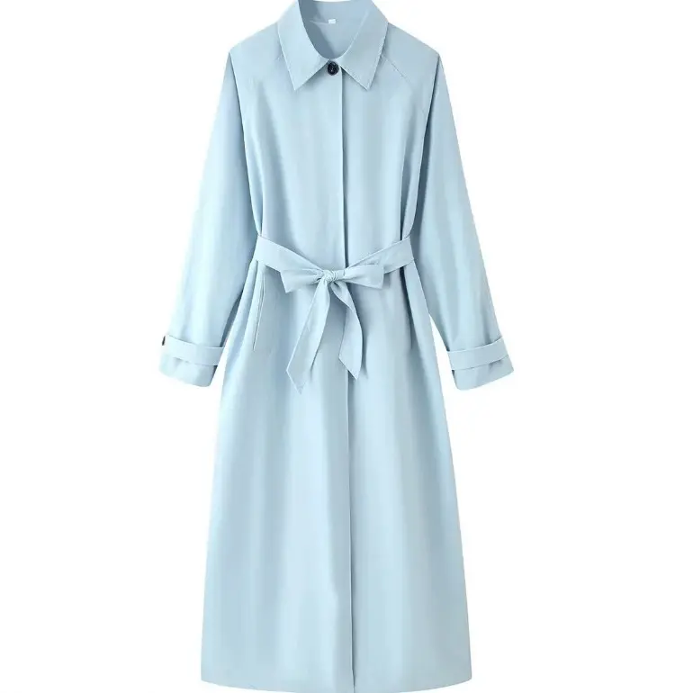 Damen Leichter knielanger Trenchcoat im Clean‑Look mit Bindegürtel und verdeckter Knopfleiste Drune