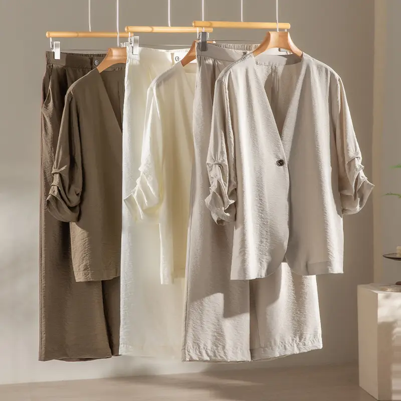 Damen Leichter Oversize-Blazer mit tiefem V-Ausschnitt und gekräuselten Ärmeln Drune