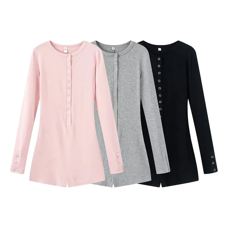 Damen Leichter Rippstrick-Einteiler mit Henley-Knopfleiste und Druckknopfstepper Drune
