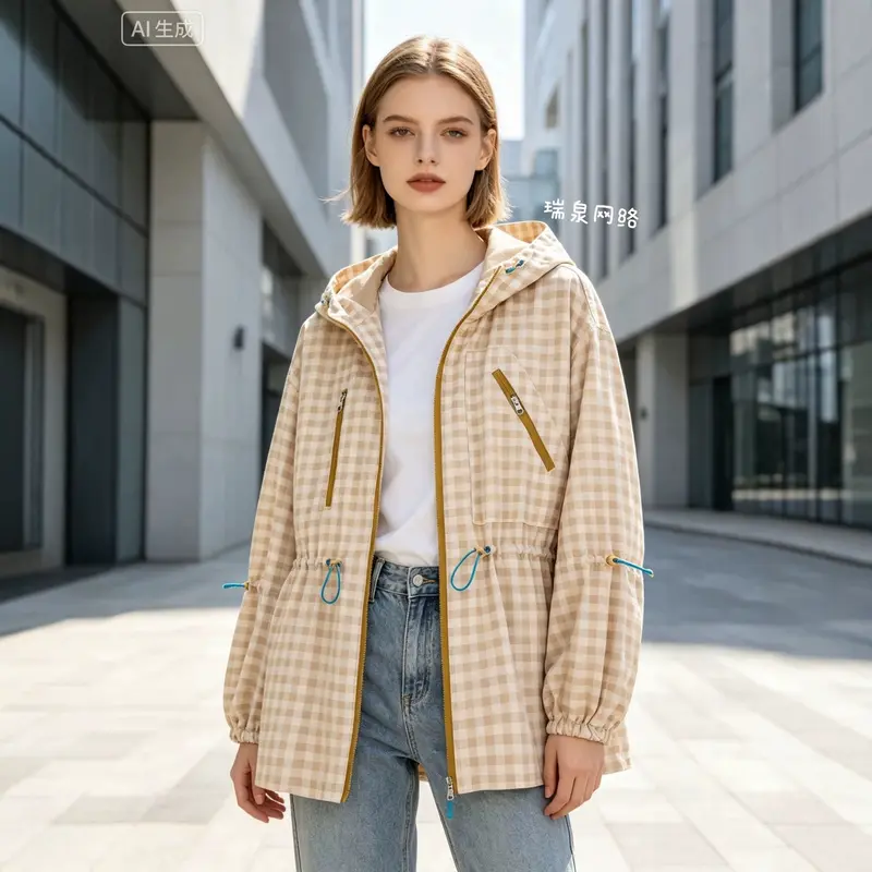 Damen Leichter Vichy‑Karo‑Parka mit Kapuze, Tunnelzugtaillierung und Reißverschlusstaschen Drune
