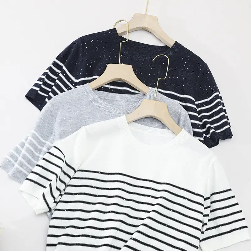 Damen Leichtes gestreiftes Feinstrickshirt mit Rundhalsausschnitt & kurzem Arm Drune