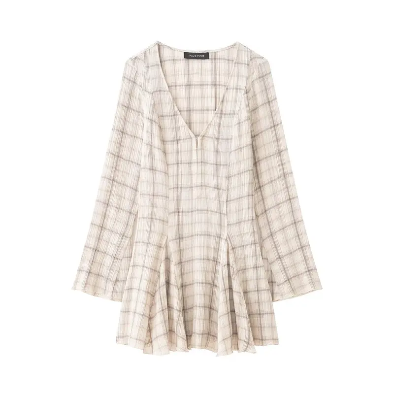 Damen Leichtes kariertes Sommerkleid mit tiefem V-Ausschnitt und Glockenärmeln Drune