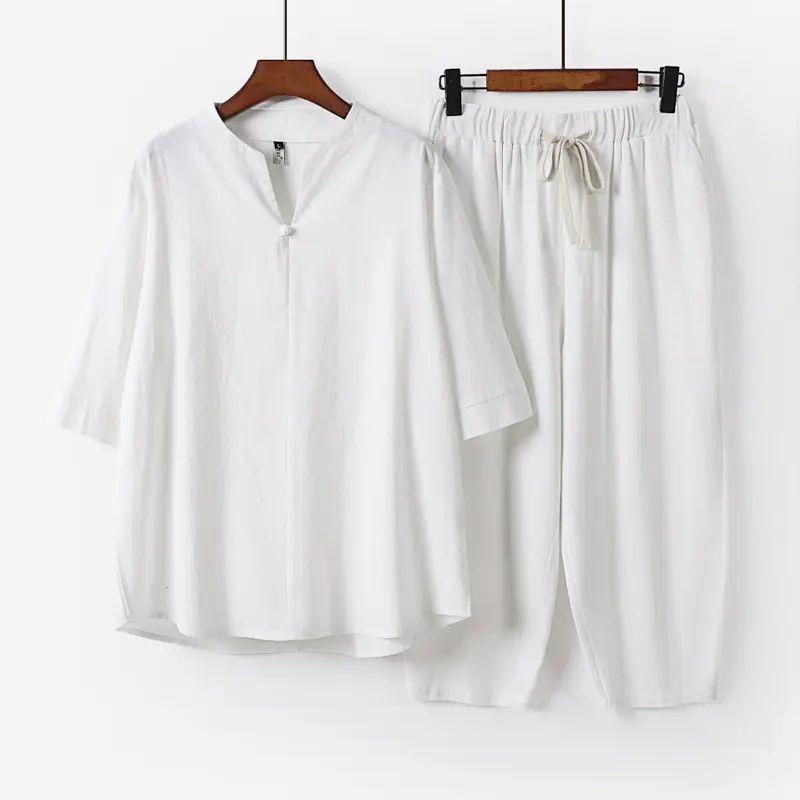 Damen Leichtes Leinen-Baumwoll-Loungewear-Set mit Stehkragen, Dreiviertelärmeln und Gummizugbundhose Drune