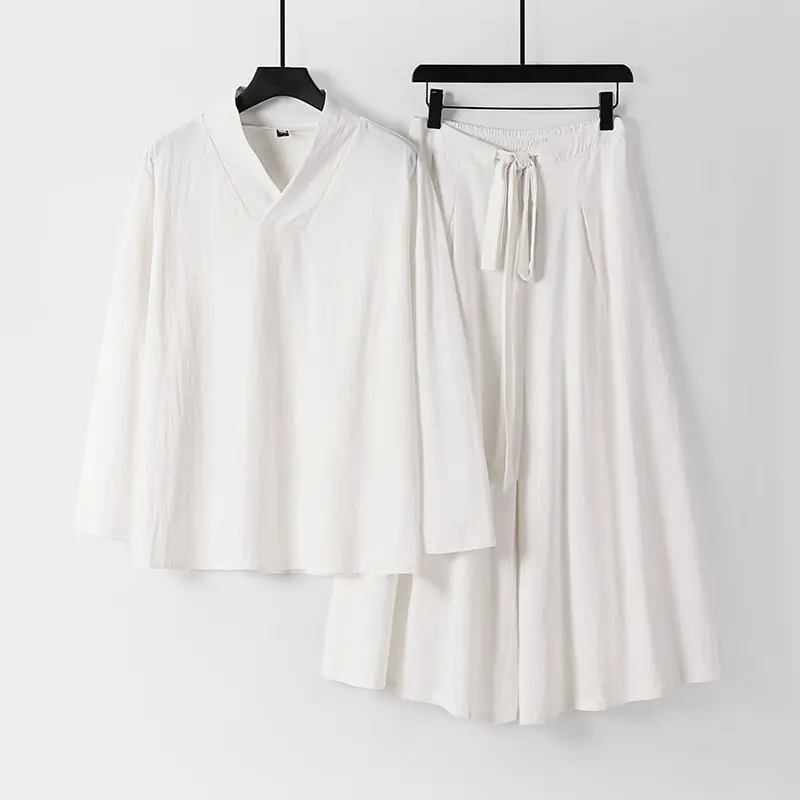 Damen Leichtes Leinen-Baumwoll Loungewear-Set mit V-Ausschnitt, weitem Midirock und Bindegürtel Drune