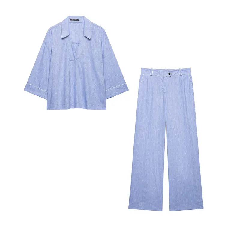 Damen Leichtes Leinenoptik-Zweiteiler mit oversized Hemdoberteil und Highwaist Wide‑Leg Hose Drune