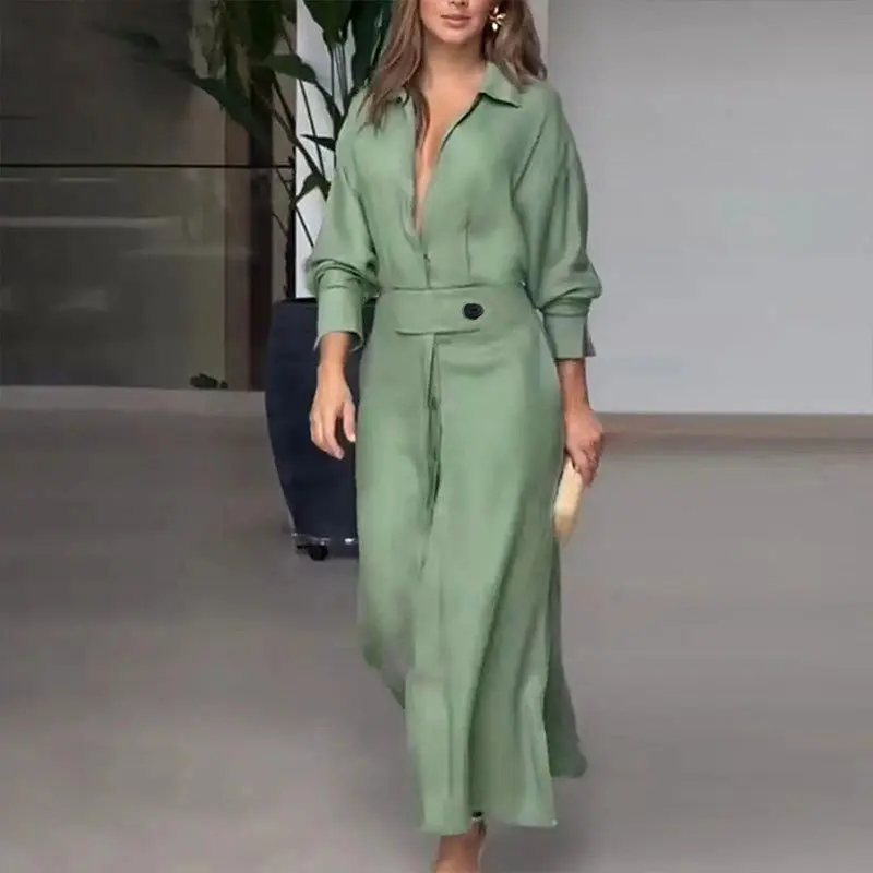 Damen Leinen-Maxikleid mit Hemdkragen, Taillengürtel und seitlichen Beinschlitzen Drune