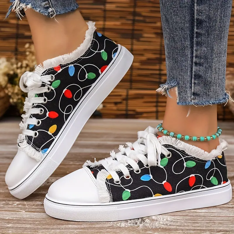 Damen Leinensneaker mit buntem Lichterketten-Print und fransigem Schaft Drune