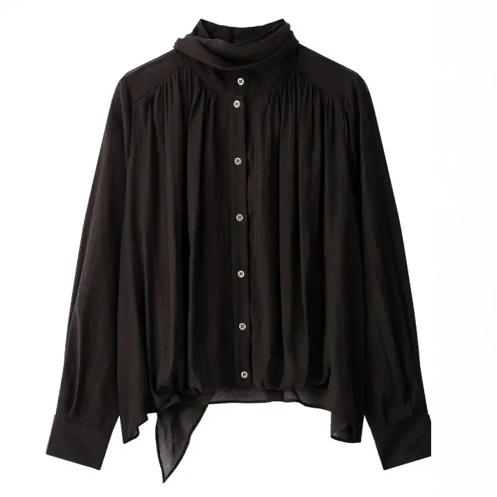 Damen Locker fallende Chiffon‑Bluse mit Schalkragen, Knopfleiste und Ballonärmeln Drune