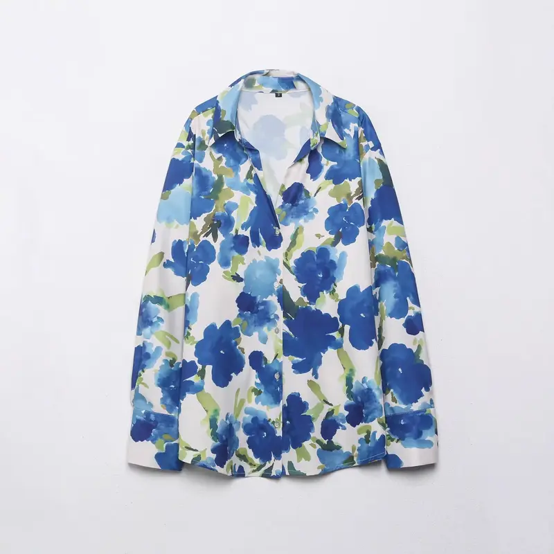 Damen Locker geschnittene seidenähnliche Hemdbluse mit Aquarell-Print Drune