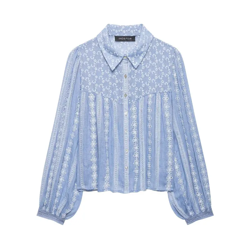 Damen Locker geschnittene Stickerei-Hemdbluse mit Broderie-Details, Knopfleiste und voluminösen Ballonärmeln Drune