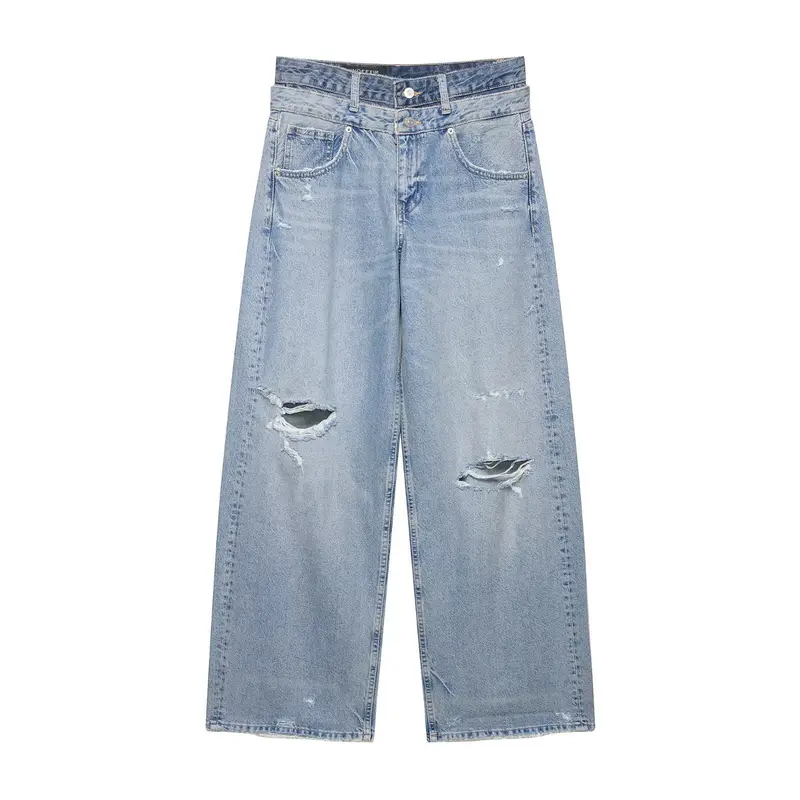 Damen Locker-sitzende Distressed Denim-Jeans mit weitem Cropped-Bein Drune