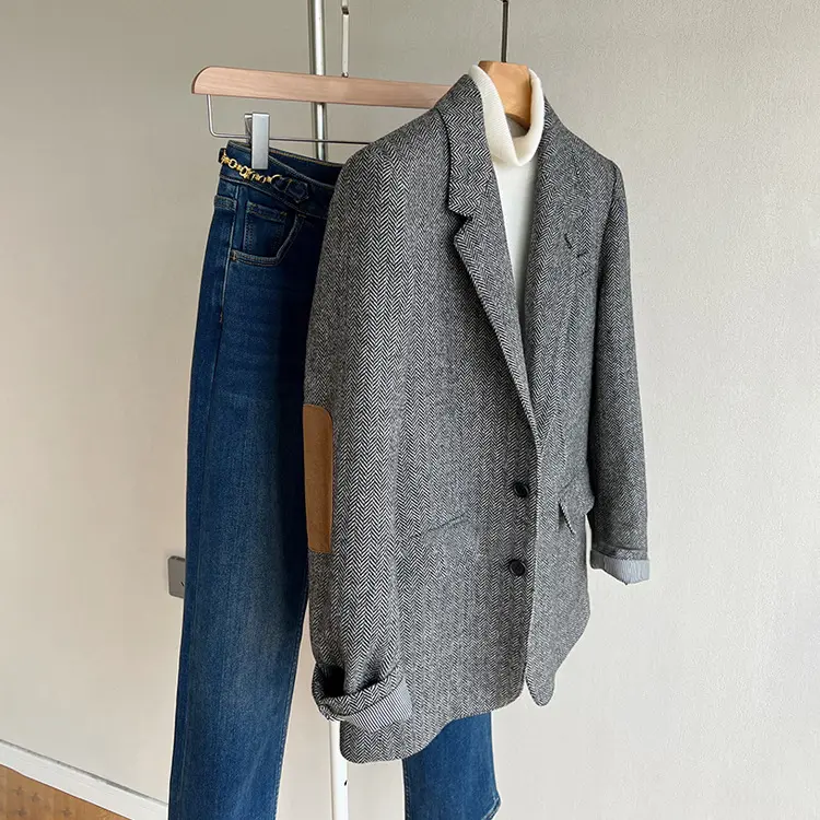 Damen Lockere Wollmix-Blazer im Fischgrät-Tweed mit Kontrast-Ellenbogenpatches Drune