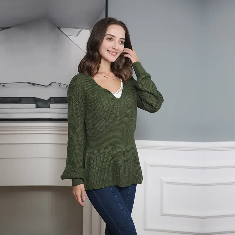 Damen Lockerer Feinstrick-Pullover mit V-Notch-Ausschnitt, Tailliertem Rippbund und Ballonärmeln Drune