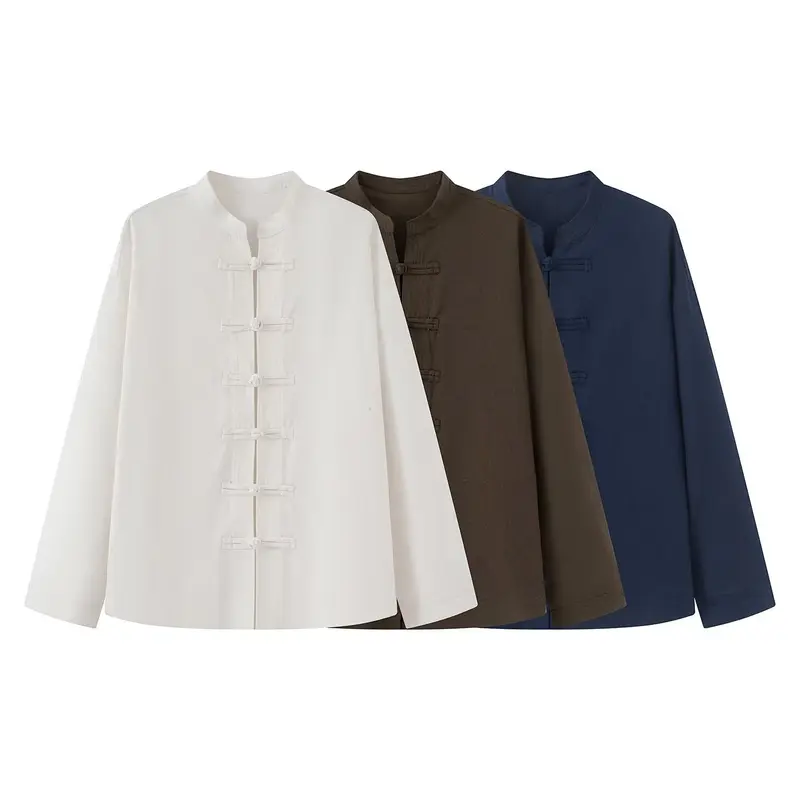 Damen Lockerer Leinen‑Mix Blouson mit Stehkragen und Knotenverschlüssen Drune