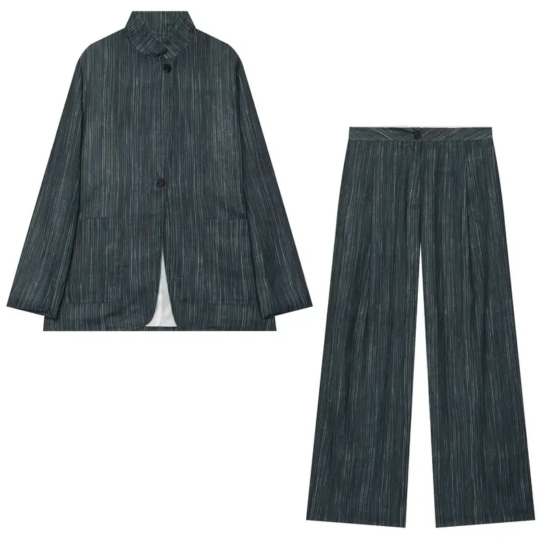 Damen Lockerer Longblazer im Nadelstreifen‑Look mit Stehkragen und aufgesetzten Taschen Drune