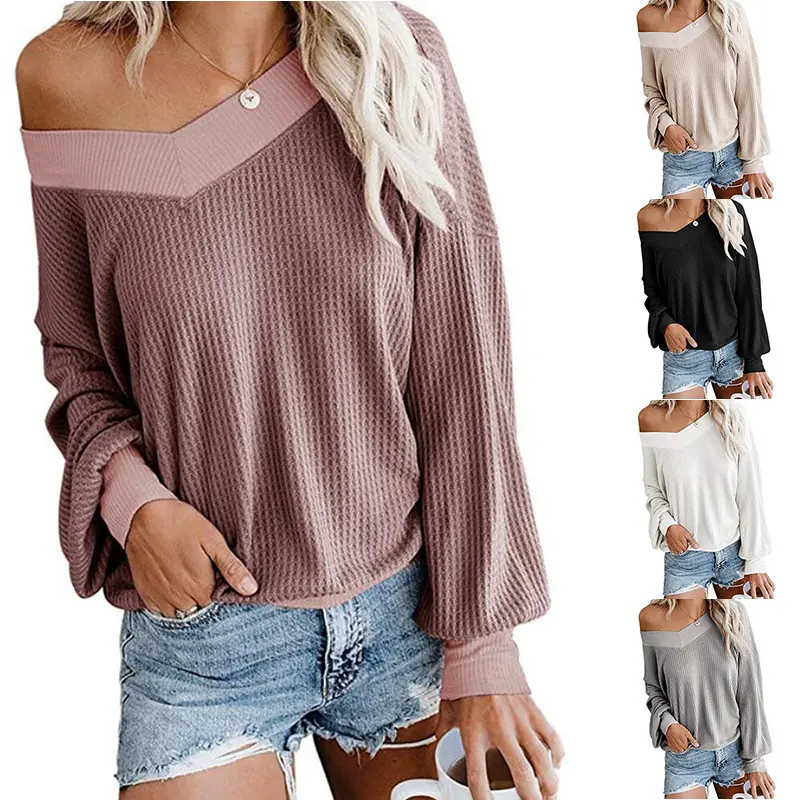 Damen Lockerer Waffelstrick-Pullover mit asymmetrischem Carmen-Ausschnitt und Ballonärmeln Drune