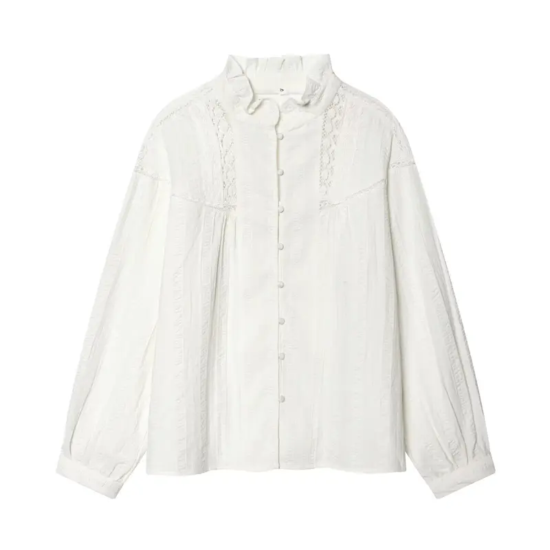 Damen Lockeres Vintage-Bluse mit Stehkragen, Spitzeinsätzen und Ballonärmeln Drune