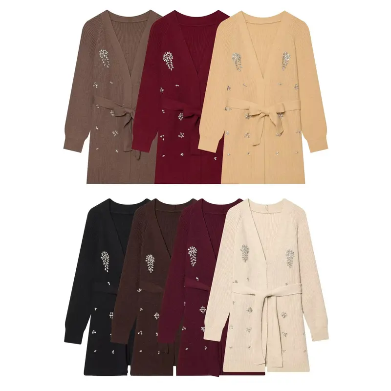 Damen Longcardigan mit Bindegürtel und Schmuckstein‑Applikation Drune
