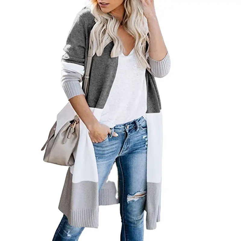 Damen Longline-Cardigan mit Colorblock, geripptem Saum und offener Front Drune