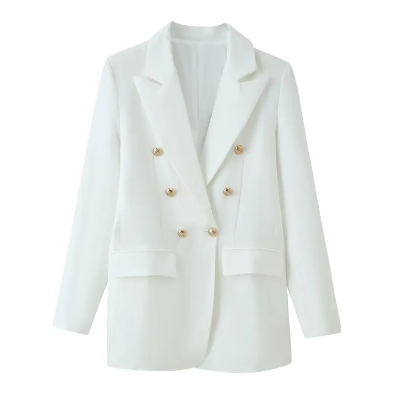 Damen Longline-Doppelreiher Blazer mit markanten Revers und goldenen Zierknöpfen Drune
