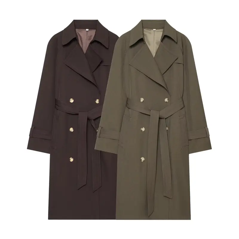 Damen Longline Doppelreihiger Trenchcoat mit Taillengürtel, Ziernähten und Umlegekragen Drune