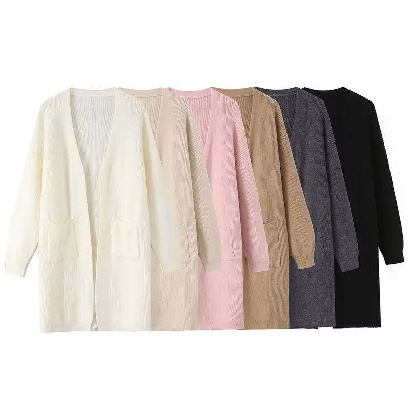 Damen Longline Strickcardigan mit aufgesetzten Taschen und offener Front Drune