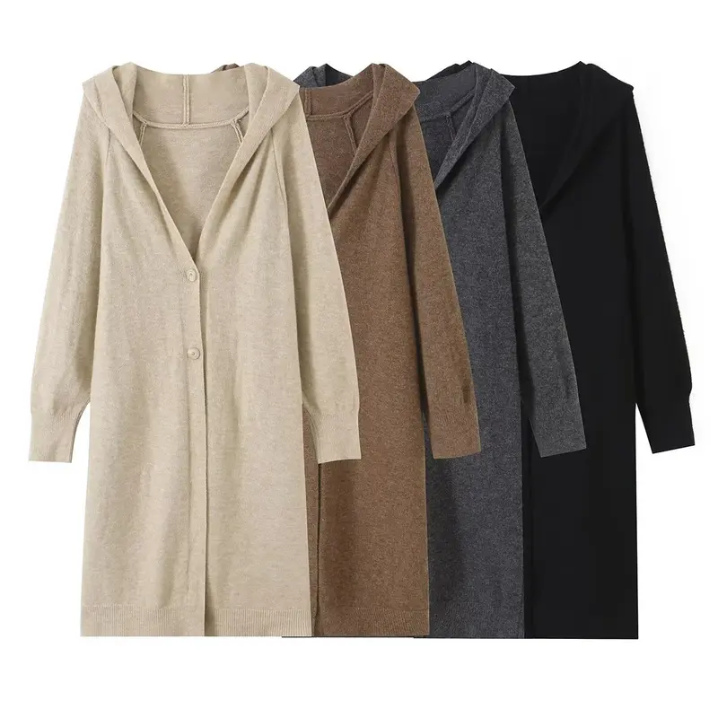 Damen Longline Strickcardigan mit Kapuze, Feinstrick und Knopfverschluss Drune