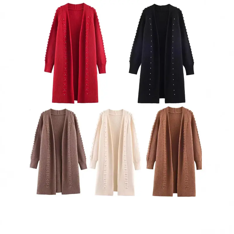 Damen Longline Strickcardigan mit Perlen- und Rüschendetail offene Front Drune