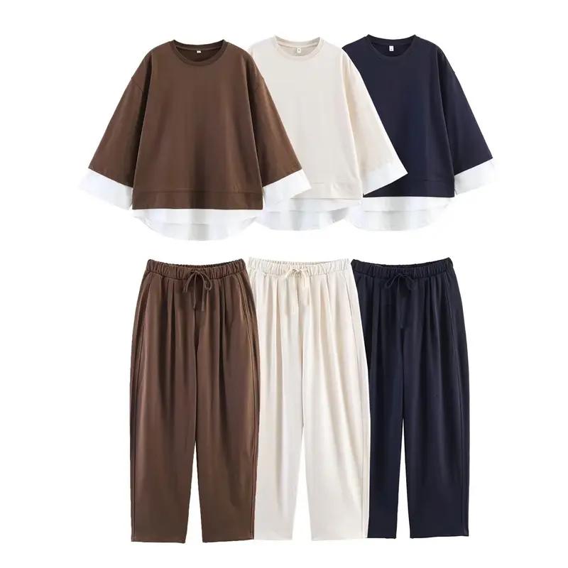 Damen Loungewear-Set aus weichem Jersey mit überlappendem Layer-Top und elastischer Highwaist-Hose Drune