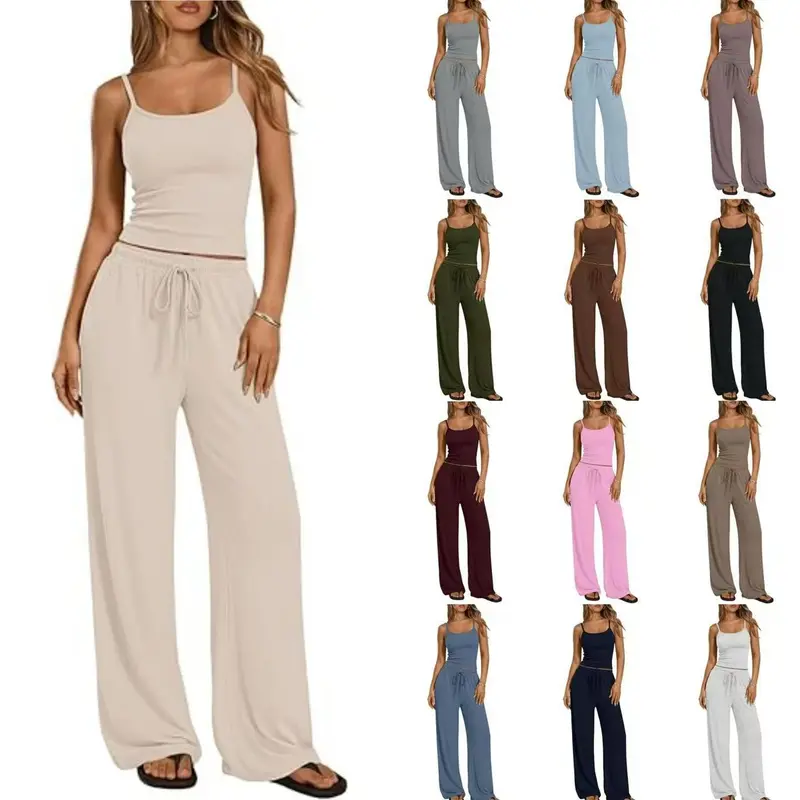 Damen Loungewear-Set aus weichem Viskose-Mix mit Spaghettiträgertop und weiter Jersey-Hose Drune