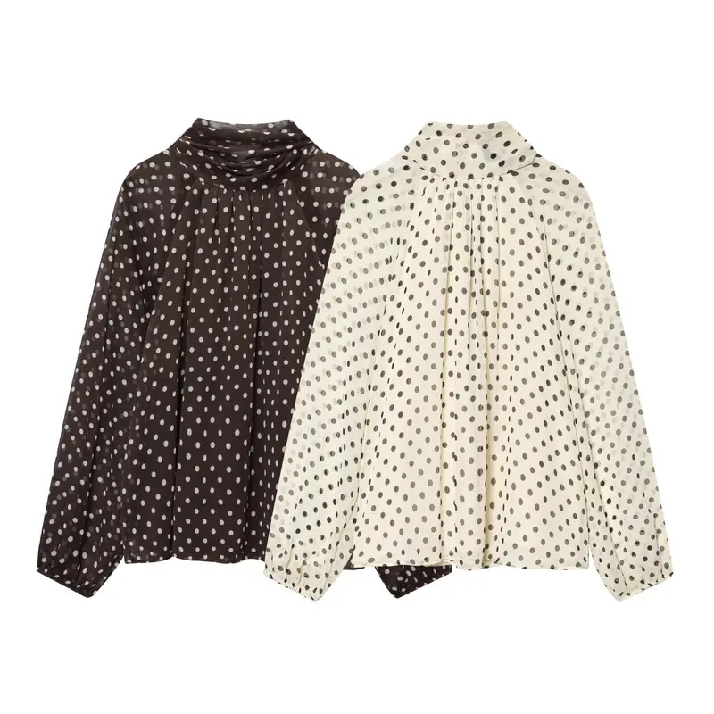 Damen Luftige Chiffon-Bluse mit Polka-Dots, Drapiertem Schlauchkragen und Ballonärmeln Drune