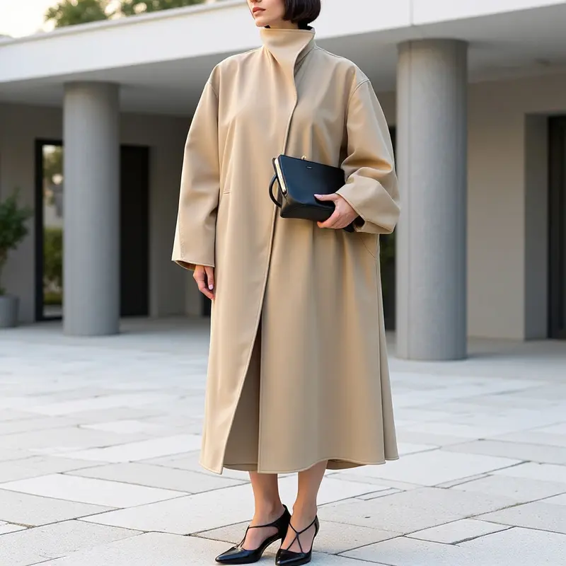Damen Mantel im minimalistischen Midi‑Schnitt mit Stehkragen und verdeckter Knopfleiste Drune