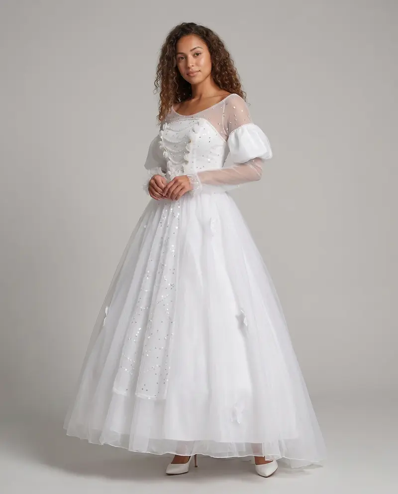 Damen märchenhaftes Ballkleid mit transparenten Ärmeln Drune