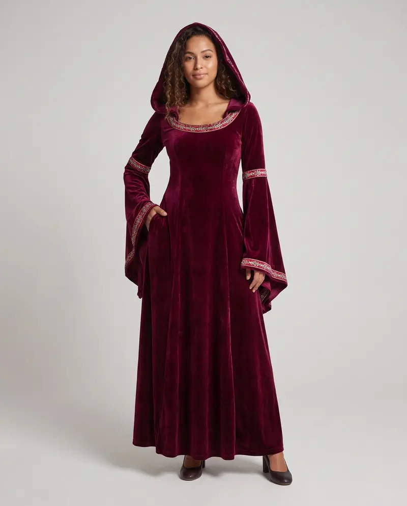 Damen Märchenhaftes Kapuzenkleid mit eleganten Krawattenärmeln Drune