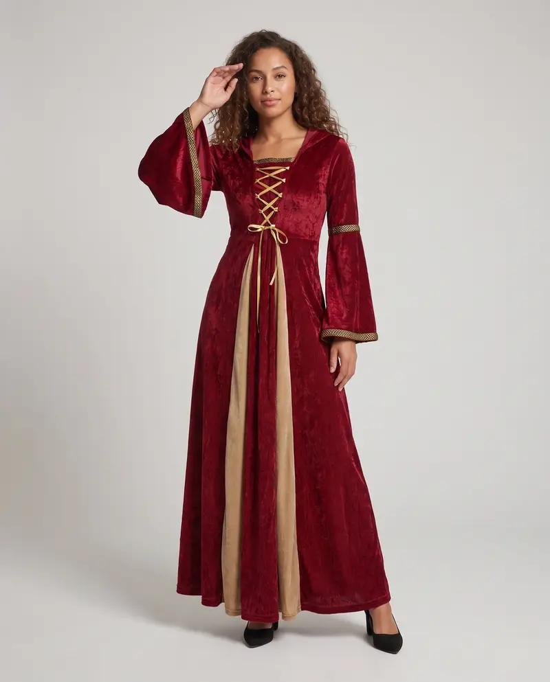 Damen märchenhaftes Kostümkleid mit Kapuze und weiten Ärmeln Drune