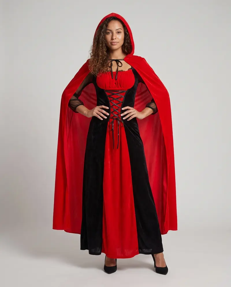 Damen Märchenhaftes Rotkäppchen-Kleid mit Kapuze und filigranen Rüschen Drune