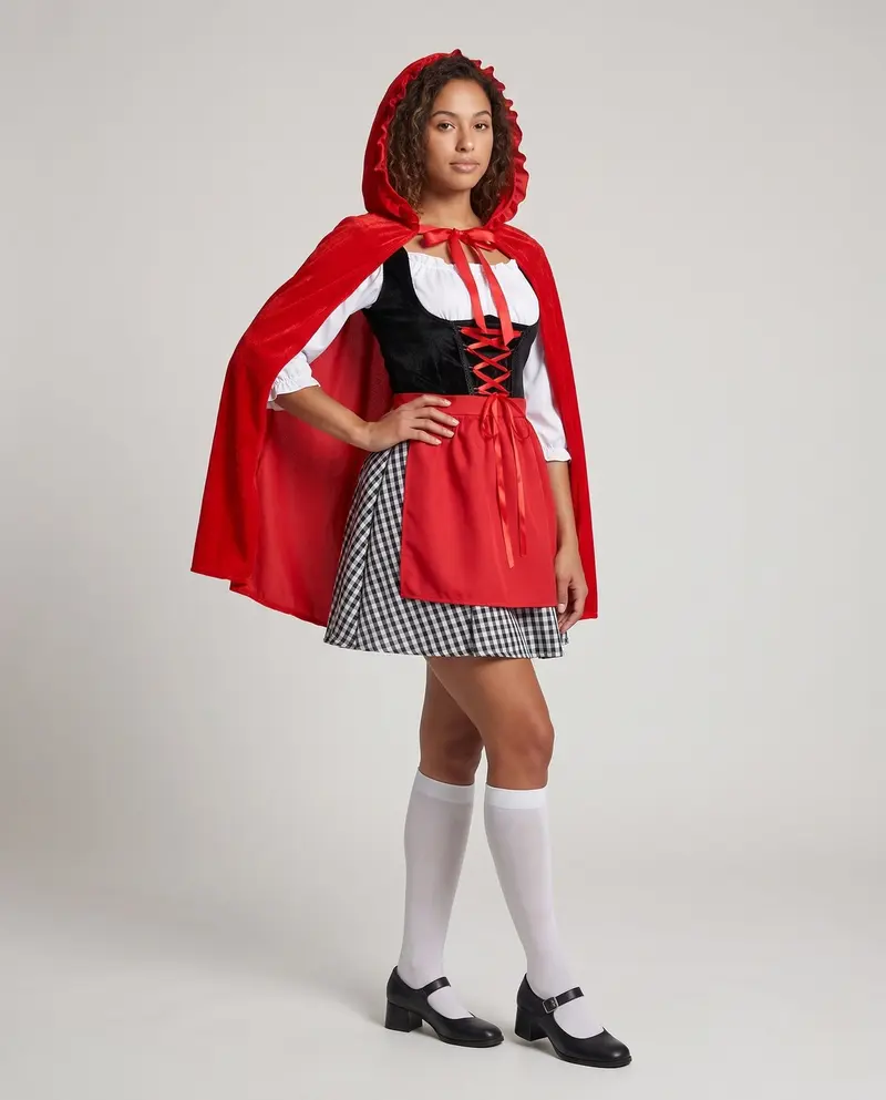 Damen Märchenhaftes Rotkäppchen-Kostüm mit eleganter Kapuze und fröhlichem Tüllrock Drune